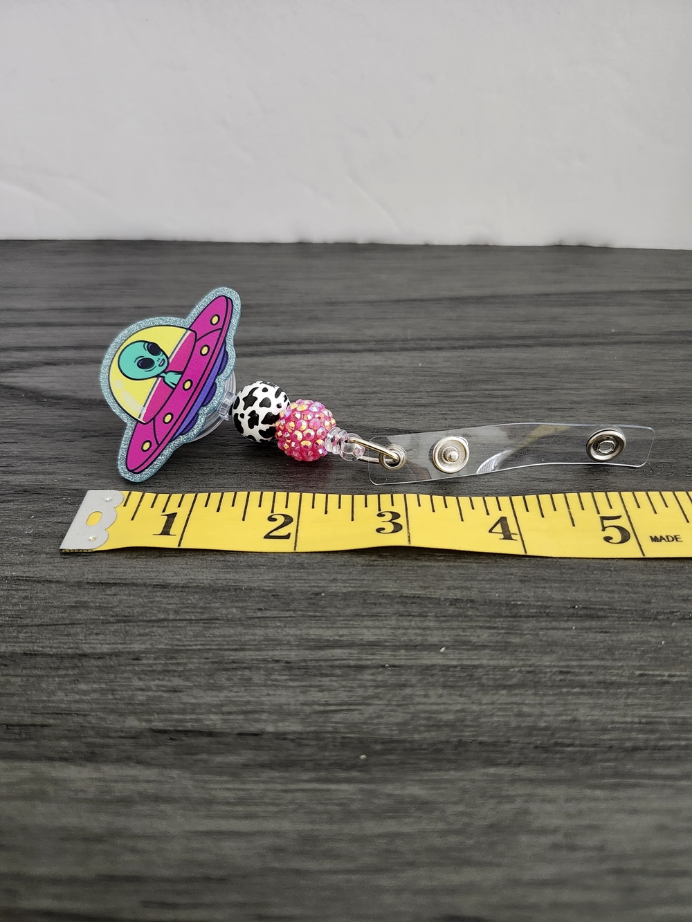 Alien UFO Badge Reel with Pink Beads